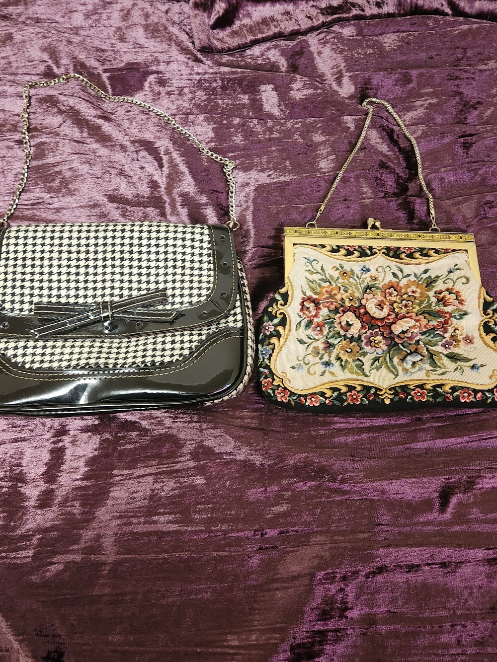 Vintage Floral Tapestry Handbag And Houndstooth Handbag